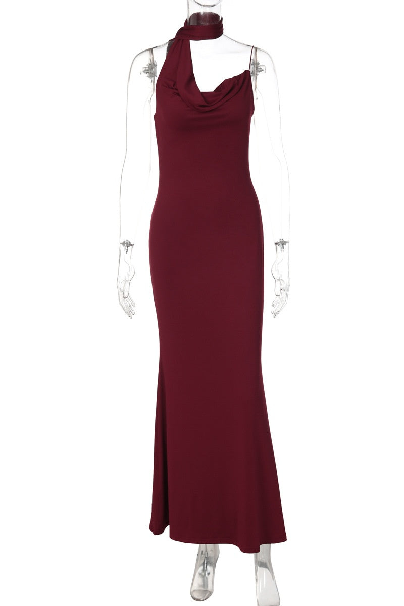 Halter Burgundy Cowl Neck Fitted Long Dress