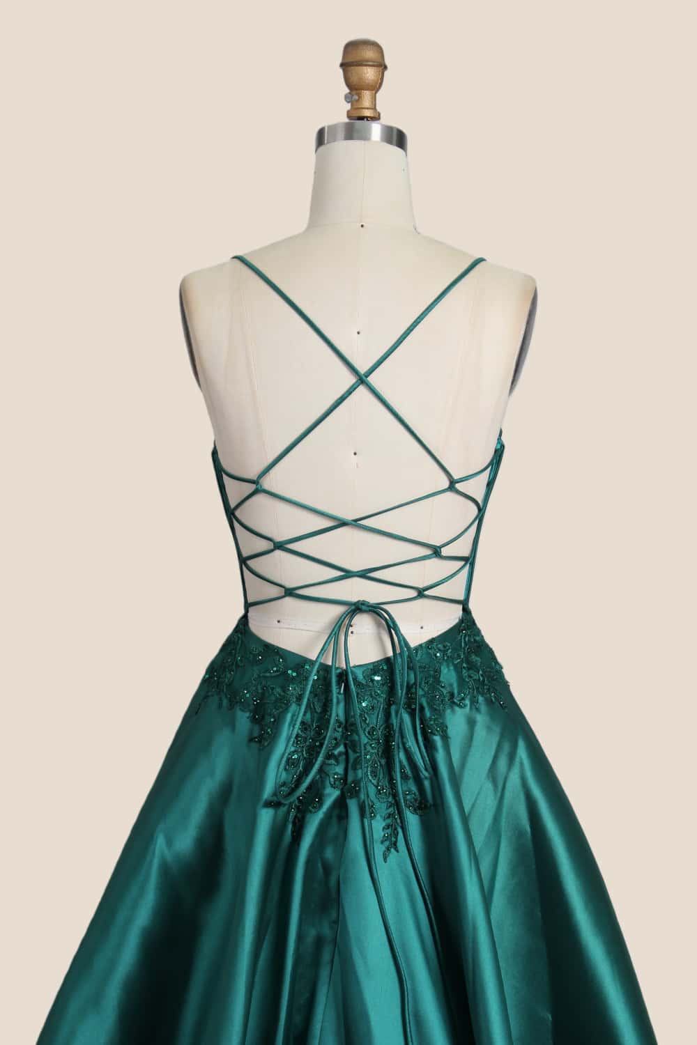 Green Appliques Satin Straps A-line Dress