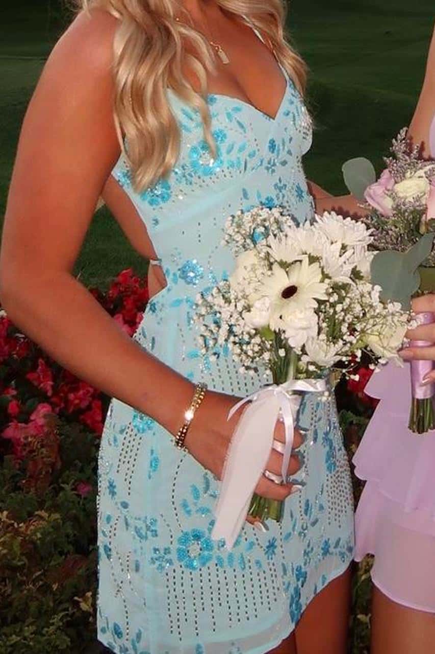 Green Beaded Straps Fitted Short Dress