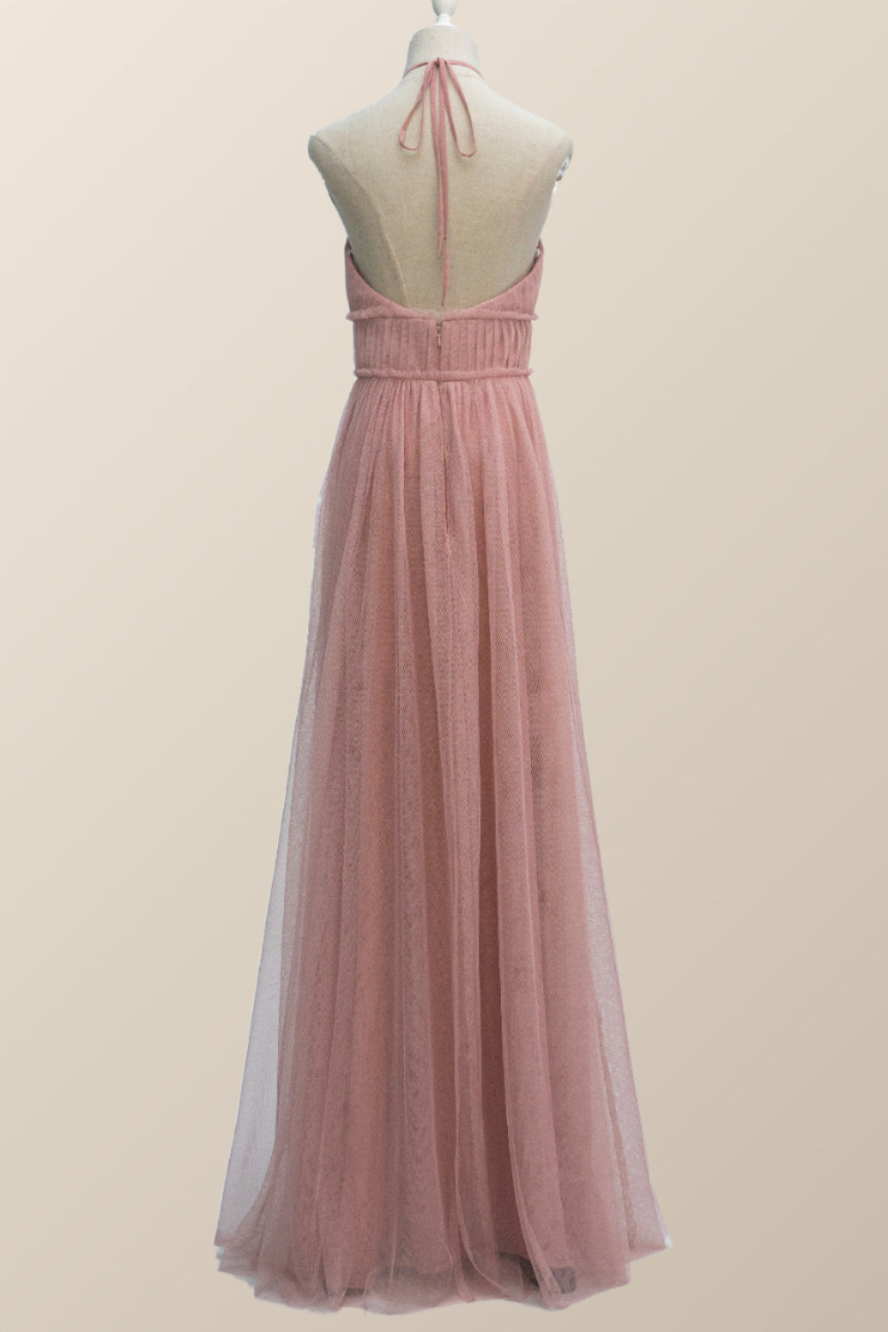 Halter Blush Pink Tulle Long Bridesmaid Dress