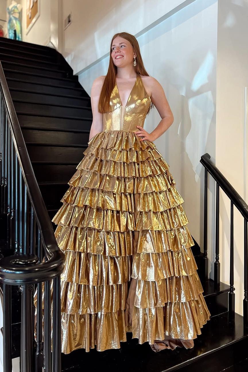 Halter Coral Metallic A-line Ruffle Prom Dress