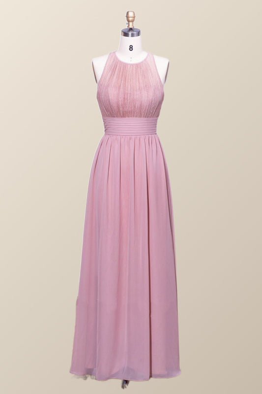 Halter Blush Pink Chiffon A-line Long Bridesmaid Dress