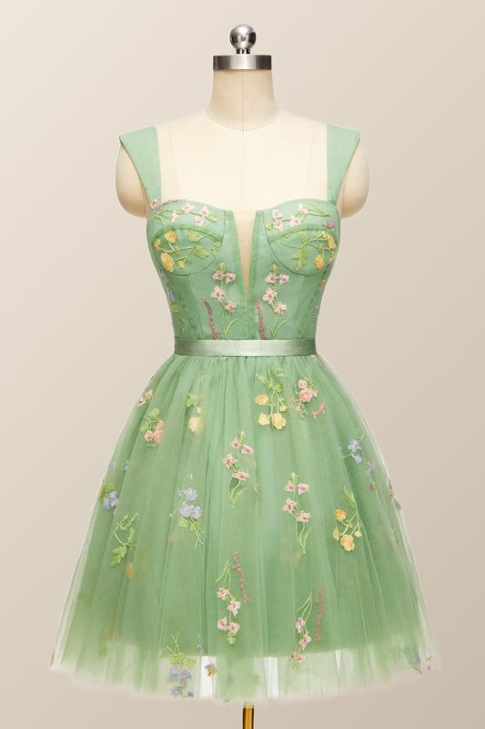 Green Floral A-line Short Princess Dress with Square Neck