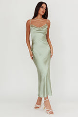 Gentle Touch Cowl Neck Satin Maxi Dress Sage