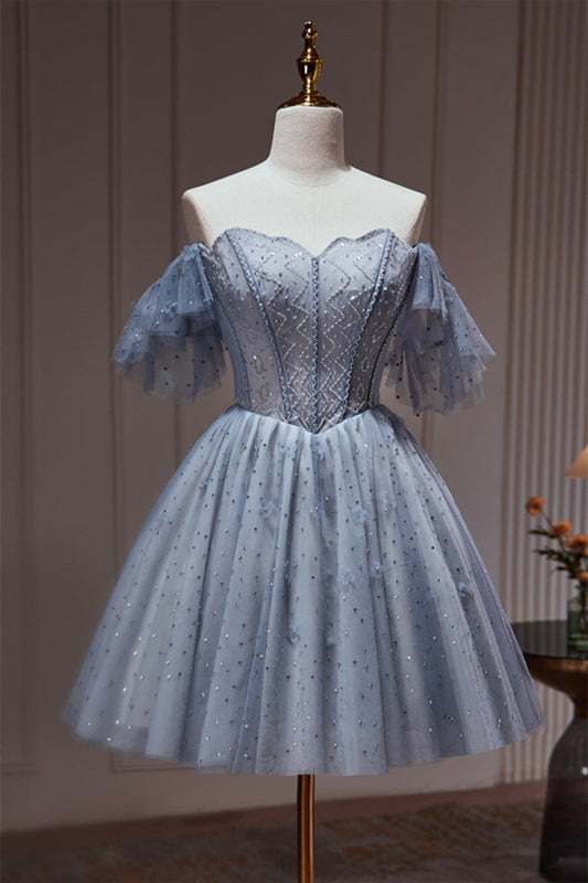 Grey Beaded Off the Shoulder Corset Princess Dress