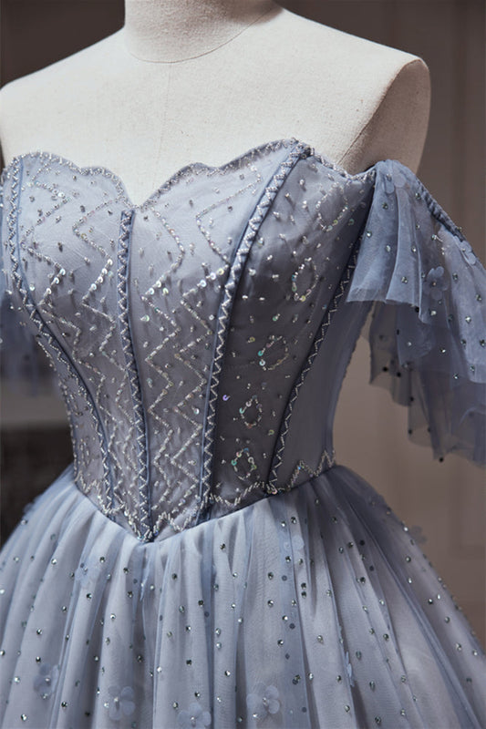 Grey Beaded Off the Shoulder Corset Princess Dress