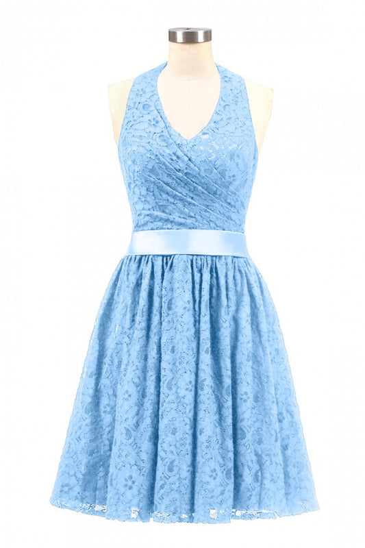 Halter Blue Lace Short A-line Bridesmaid Dress