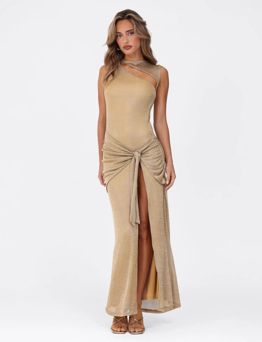 Amaris - Gold Metallic Maxi Dress with Cut-Out Detail