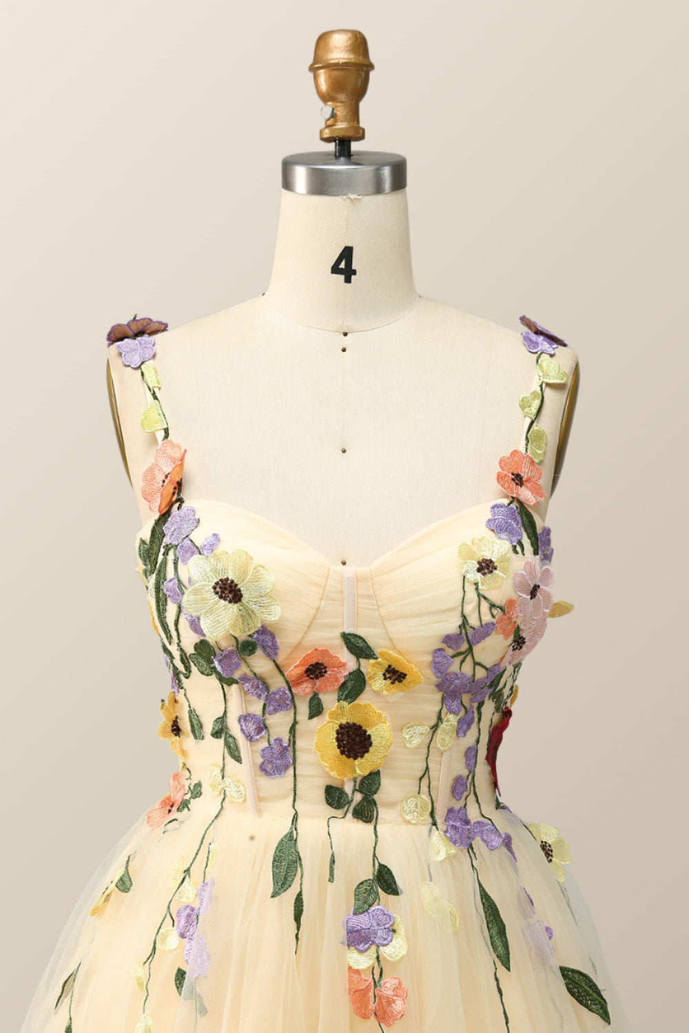 Floral Embroidered Champagne Tulle Short Homecoming Dress