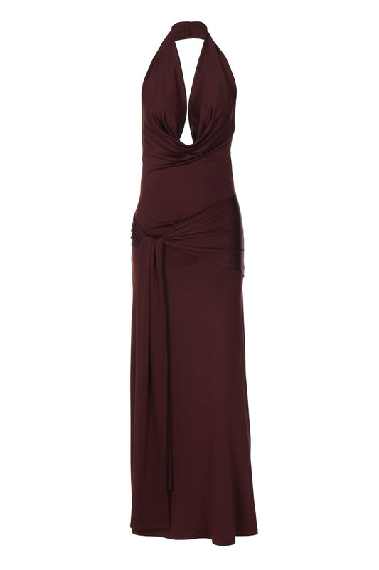 Halter Cowl Neck Burgundy Long Dress