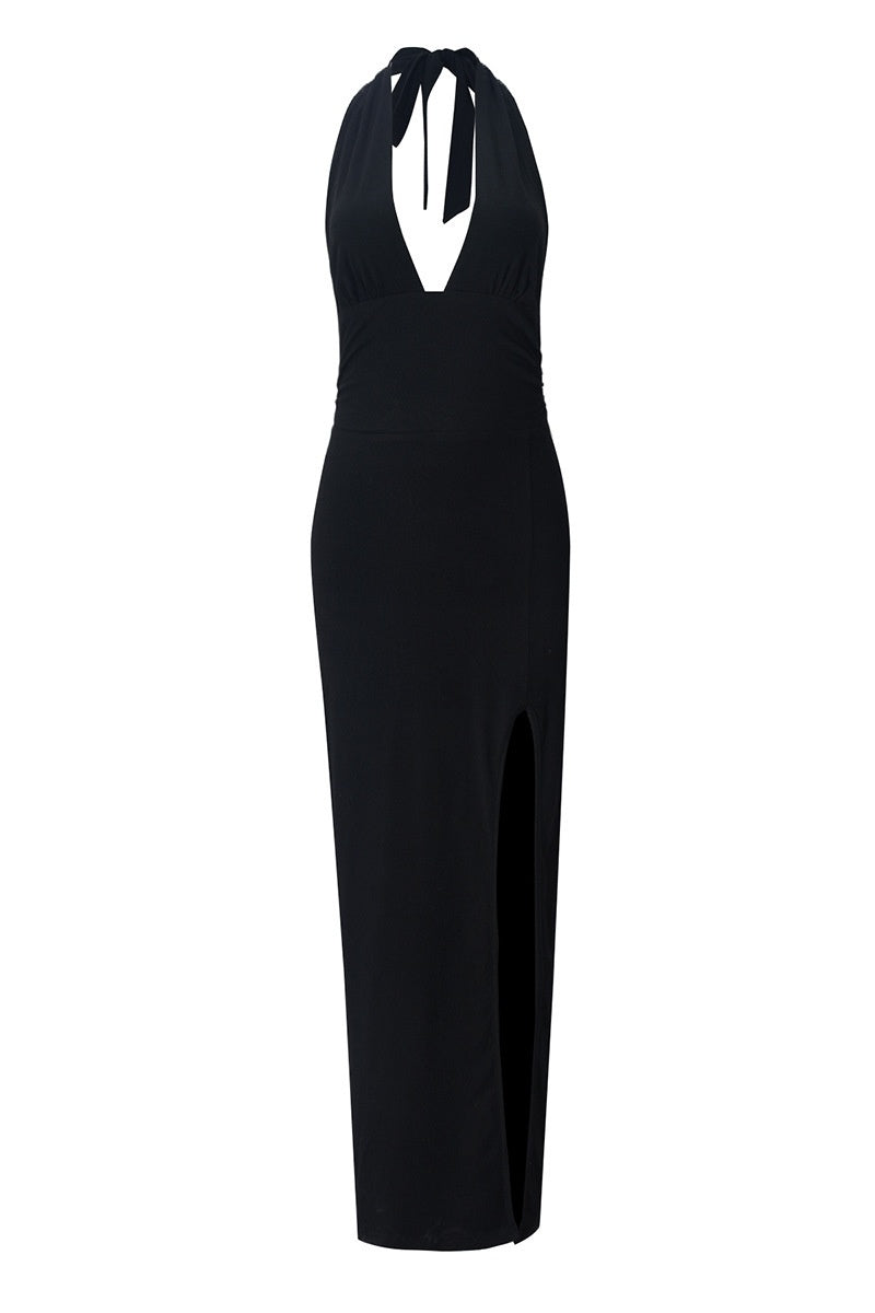 Halter Black Plunge Fitted Slit Dress
