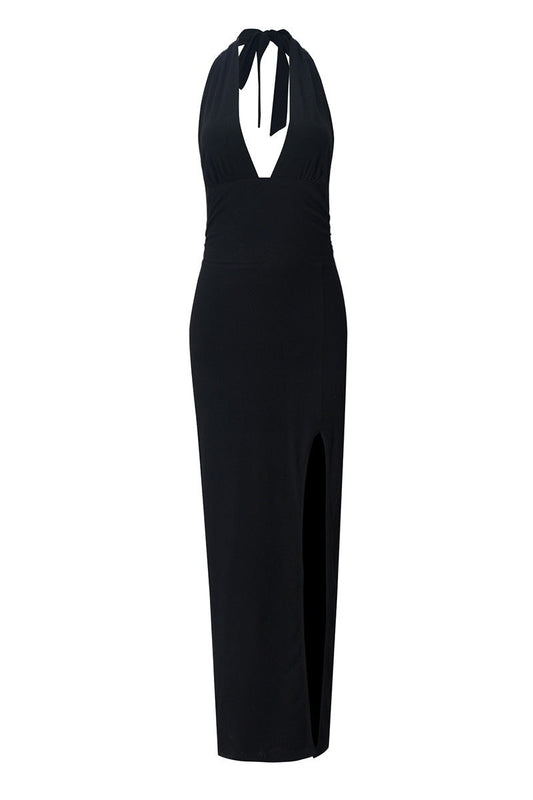 Halter Black Plunge Fitted Slit Dress