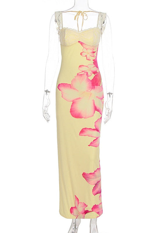 Floral Print Yellow Fitted Long Dress