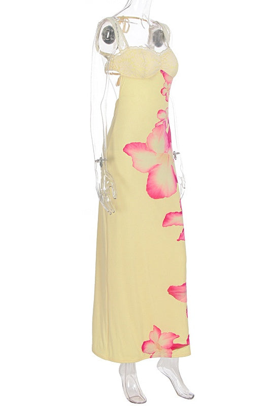 Floral Print Yellow Fitted Long Dress