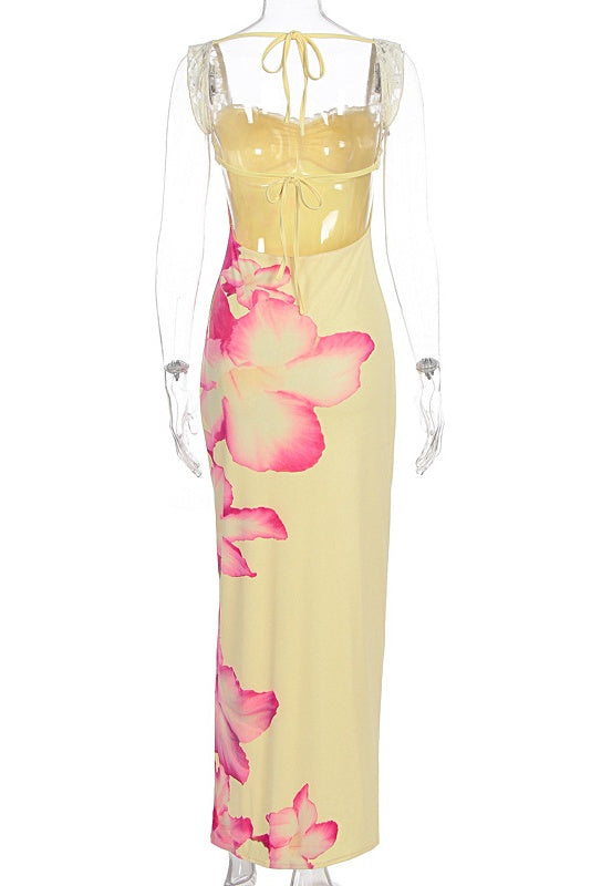 Floral Print Yellow Fitted Long Dress
