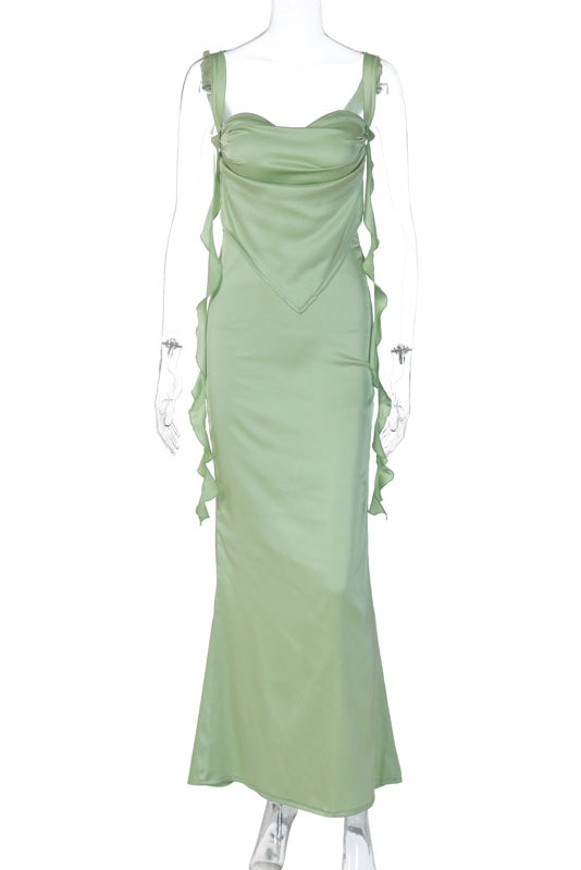 Green Ruffle Straps Fitted Long Maxi Dress