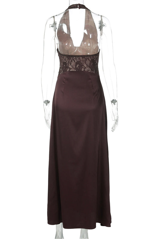 Halter Brown Lace Column Long Dress