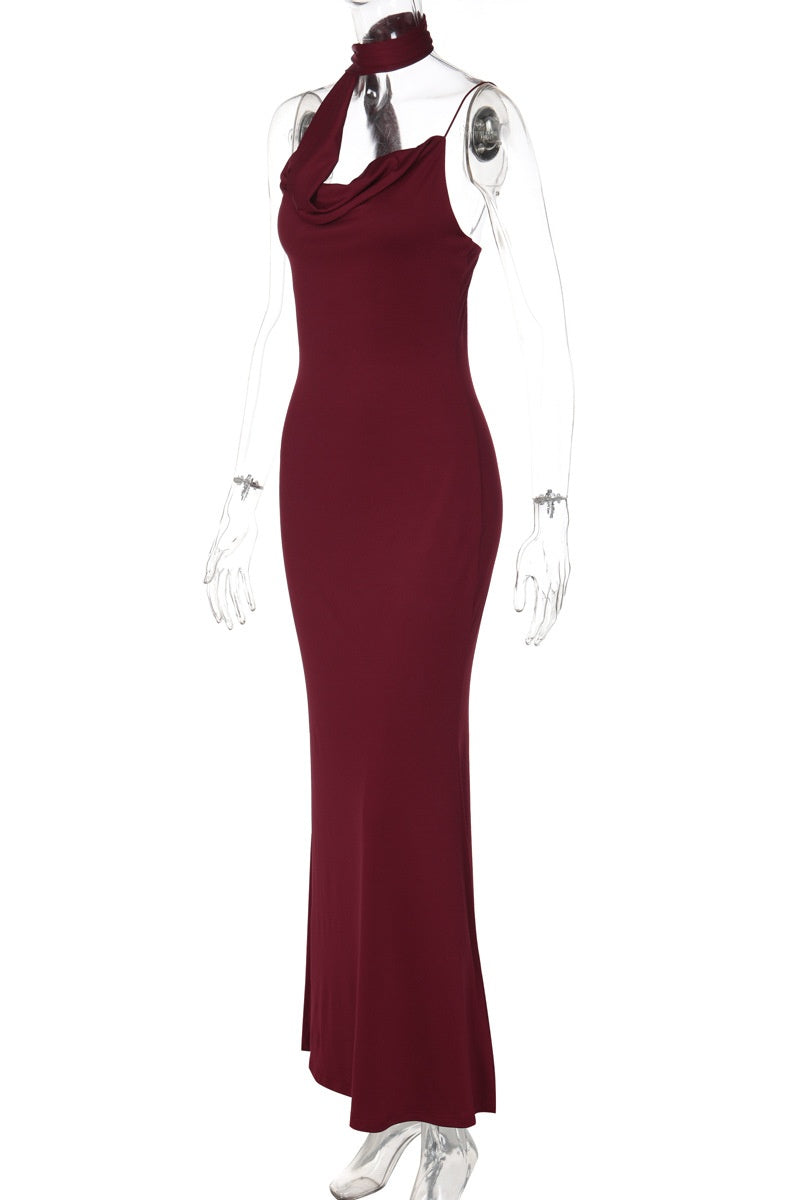 Halter Burgundy Cowl Neck Fitted Long Dress