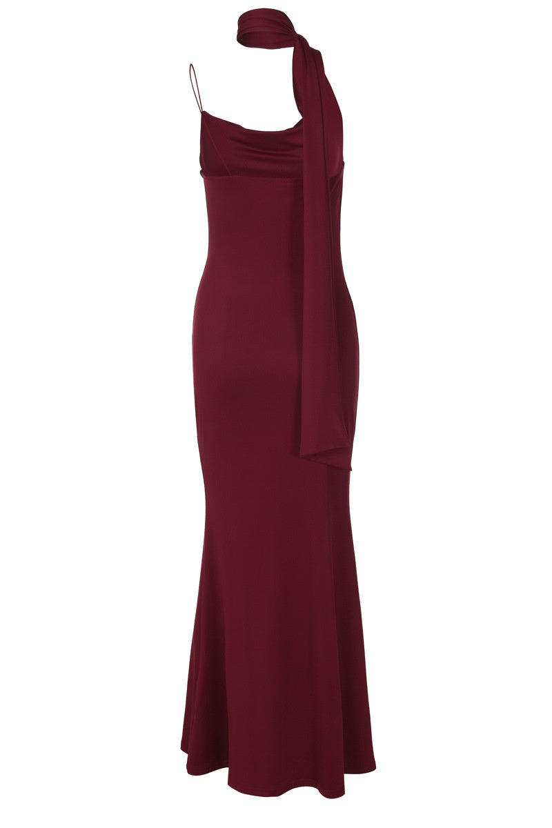 Halter Burgundy Cowl Neck Fitted Long Dress