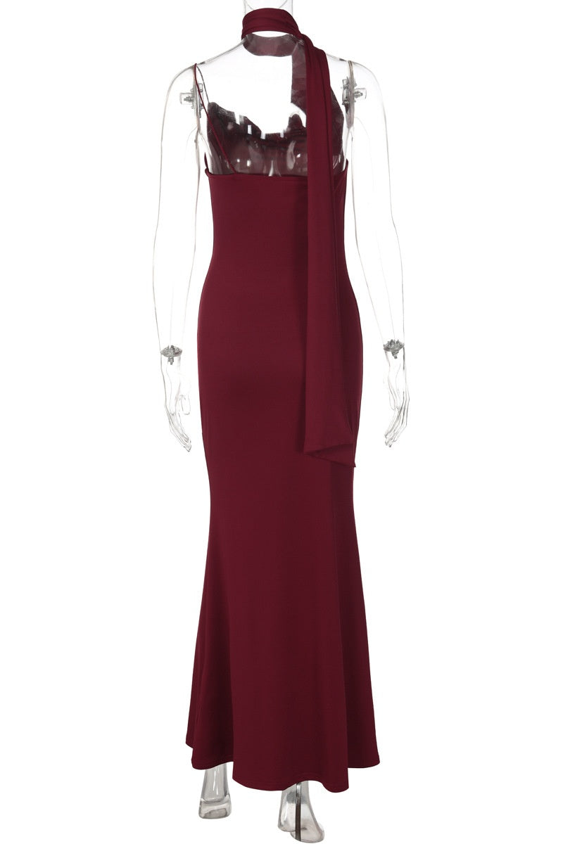 Halter Burgundy Cowl Neck Fitted Long Dress