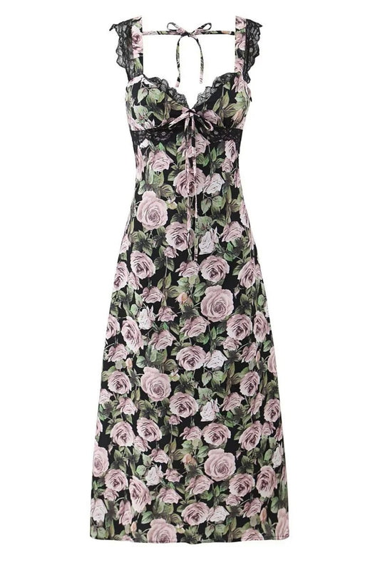 Floral Lace Straps Bow Long Summer Dress