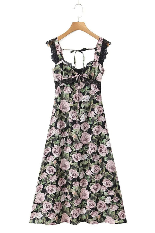 Floral Lace Straps Bow Long Summer Dress