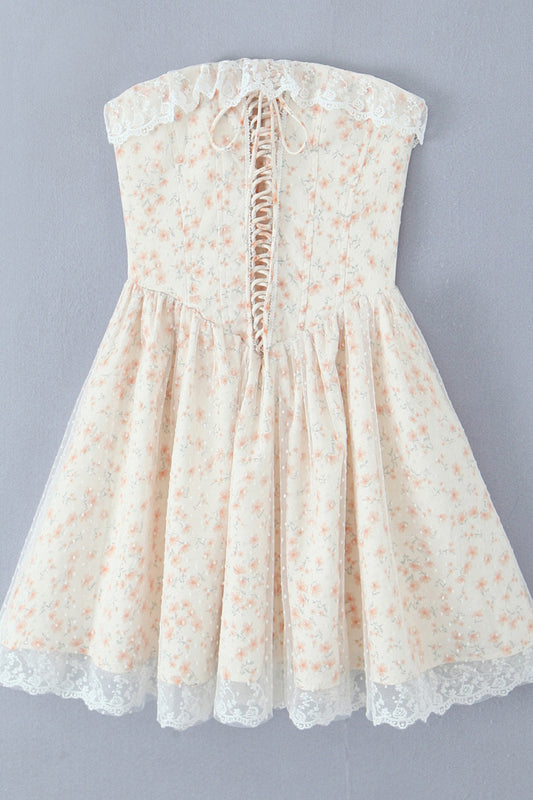 Floral Lace Neckline Lase-up Tull Skirt