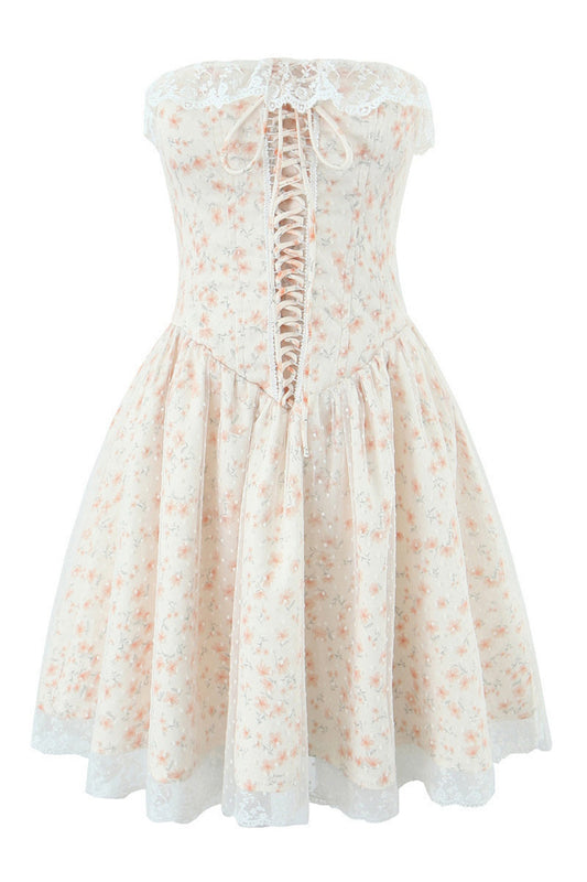 Floral Lace Neckline Lase-up Tull Skirt