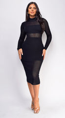 Taima High Neck Sheer Pointelle Midi Dress - Black