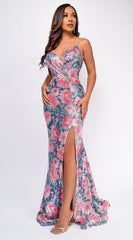 Zia Pink Floral Sequin Gown