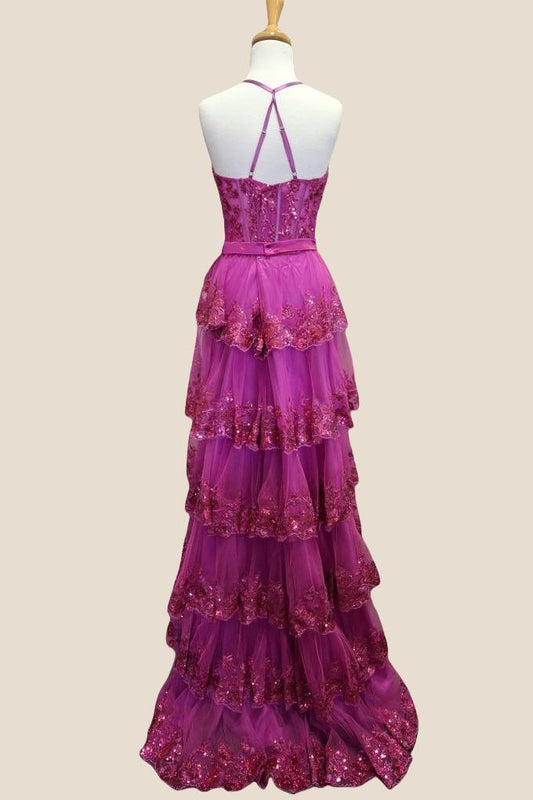 Fuchsia Sequin Appliques Tiered Long Dress