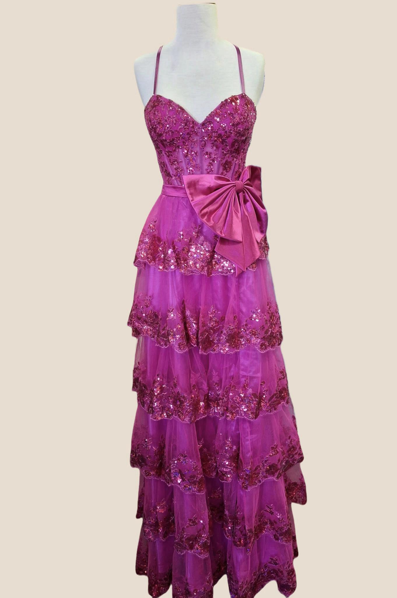 Fuchsia Sequin Appliques Tiered Long Dress