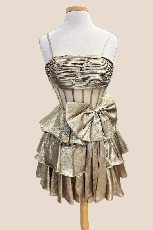 Gold Tiered Sparkle Tulle Short Dress with Bow