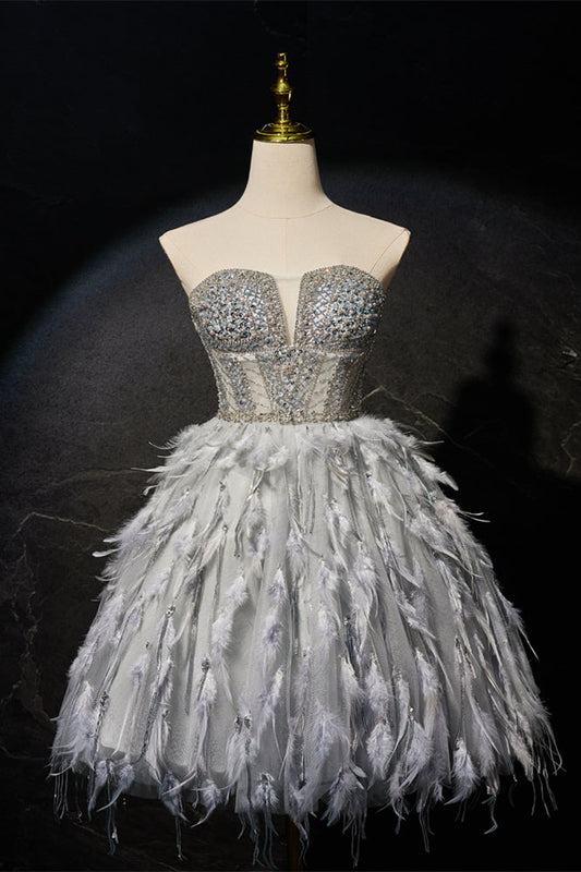 Grey Beaded Strapless Corset Princess Dress with Feathers