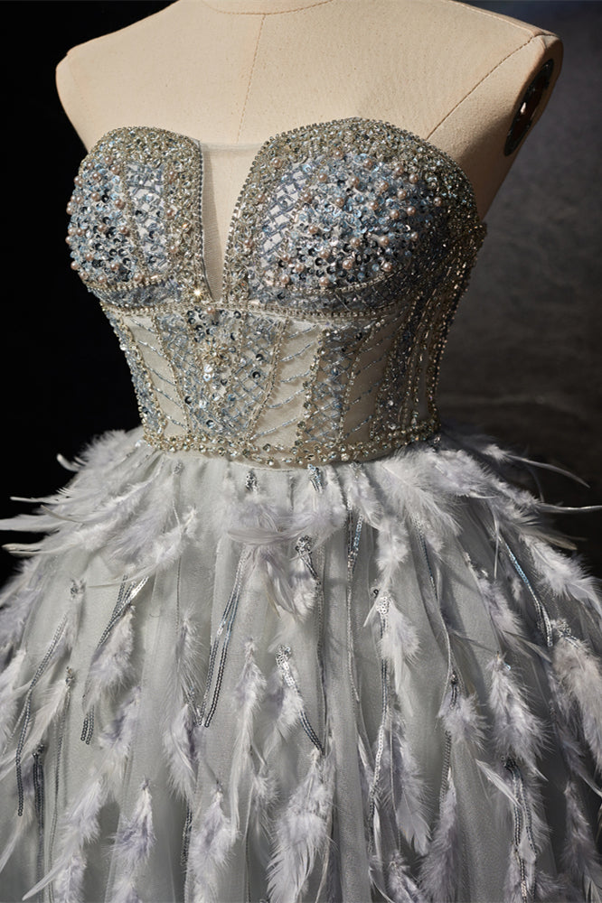 Grey Beaded Strapless Corset Princess Dress with Feathers