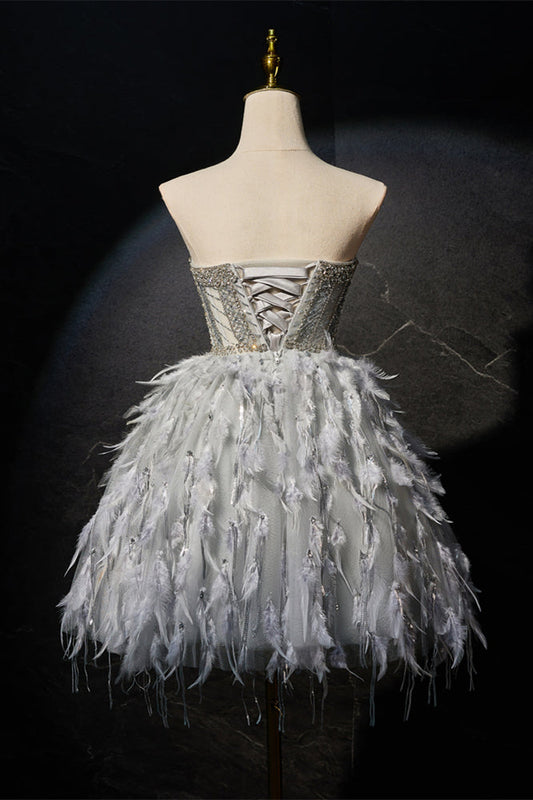 Grey Beaded Strapless Corset Princess Dress with Feathers