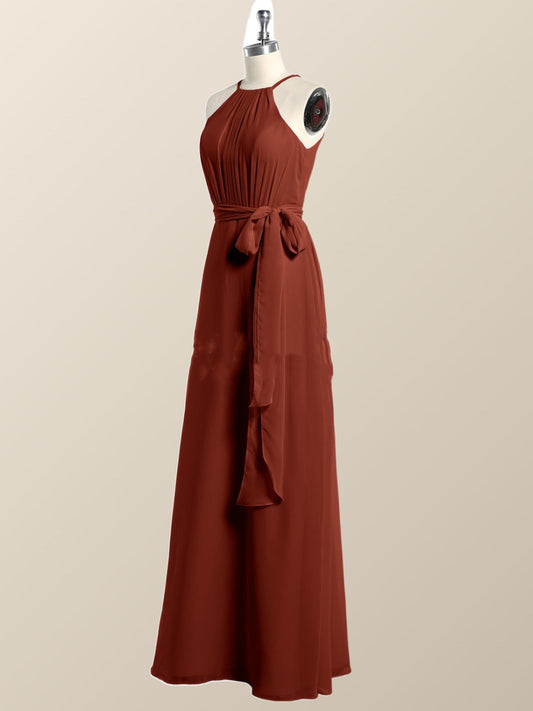 Halter Burgundy Chiffon A-line Long Bridesmaid Dress