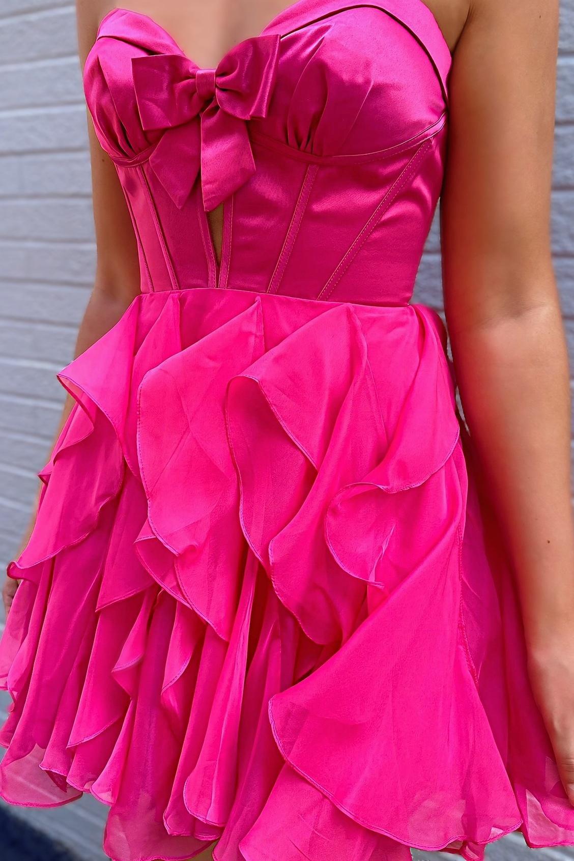 Fuchsia Sweetheart A-line Short Chiffon Ruffle Dress