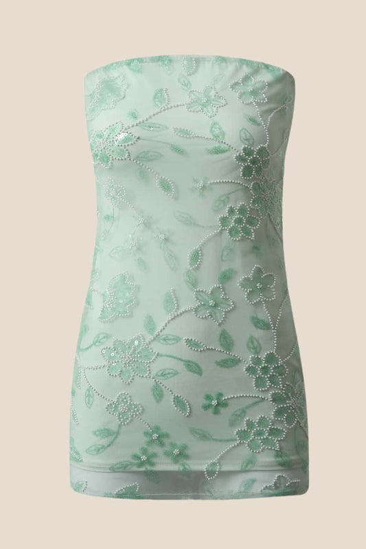 Green Beaded Strapless Fitted Short Dress