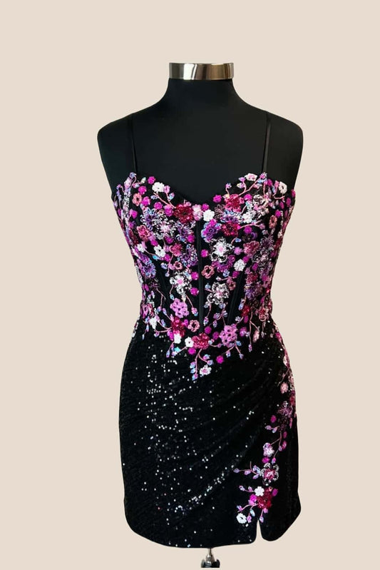Fuchsia Sequin Embroidered Tight Short Dress