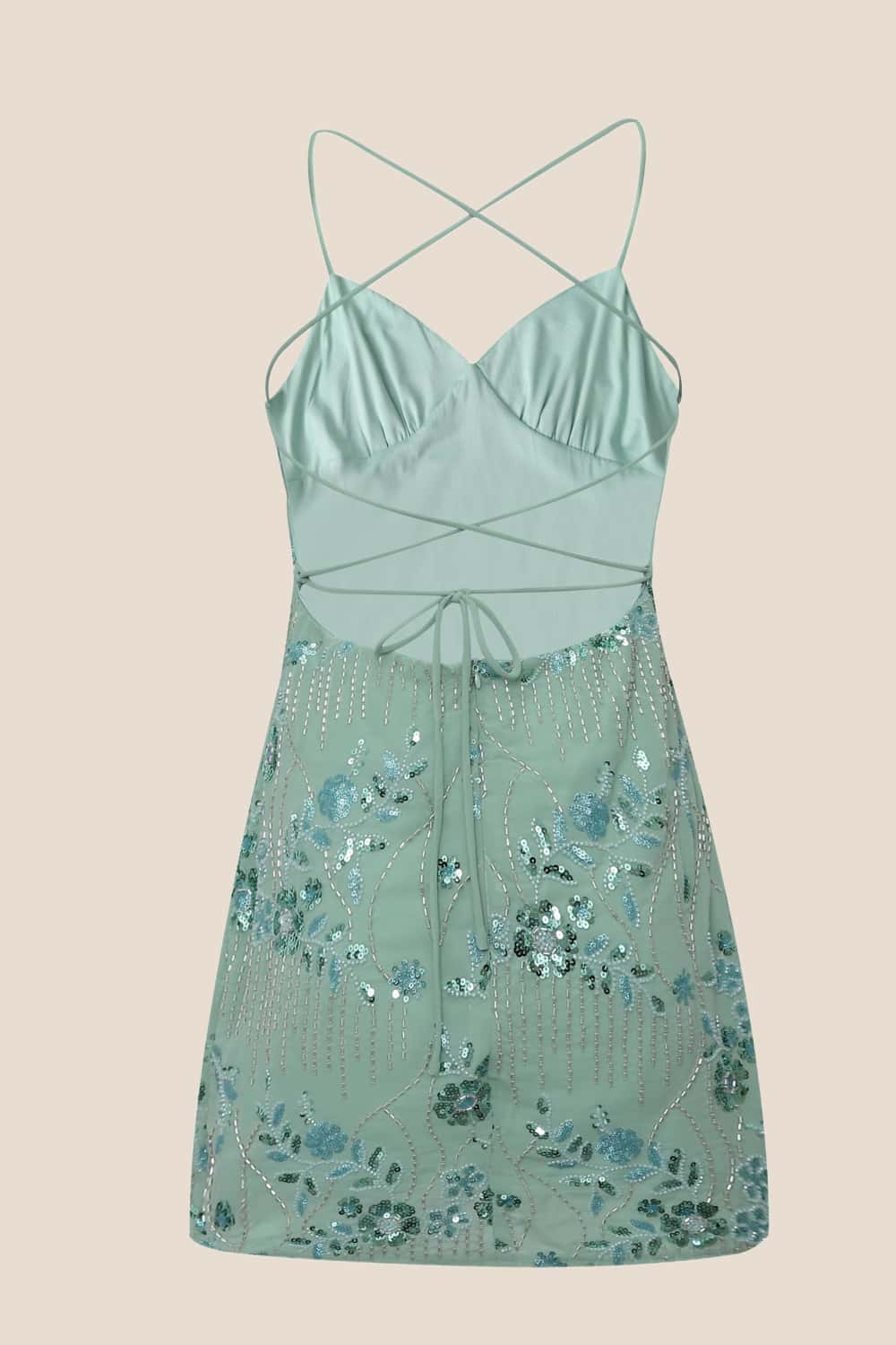 Green Beaded Straps Fitted Short Dress