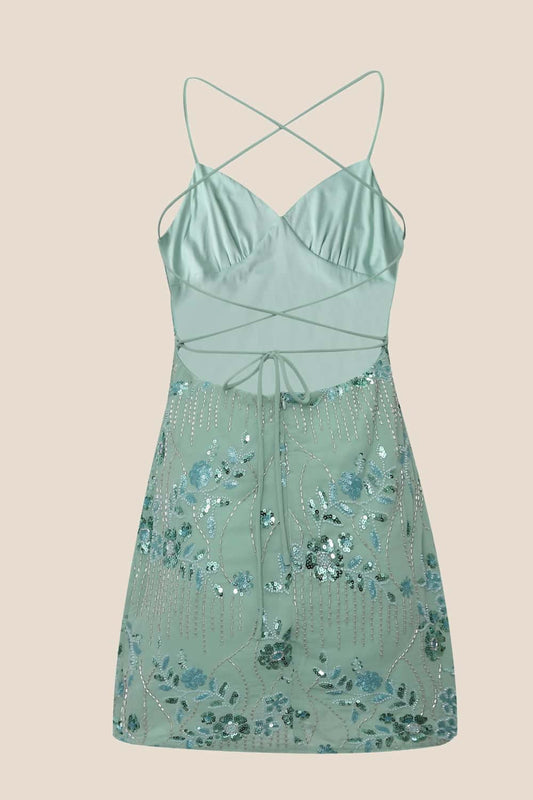 Green Beaded Straps Fitted Short Dress