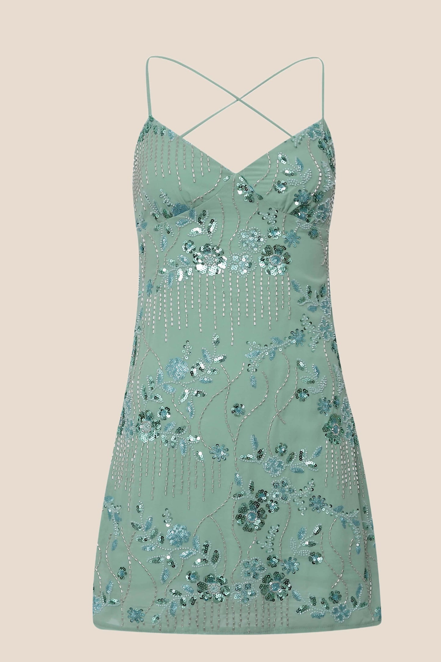 Green Beaded Straps Fitted Short Dress