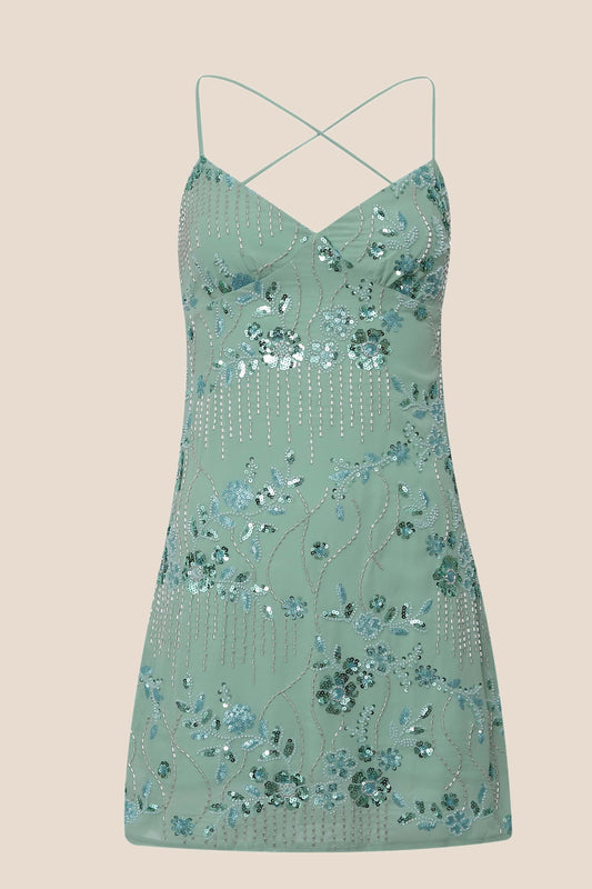 Green Beaded Straps Fitted Short Dress