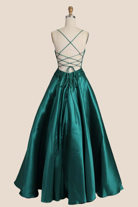 Green Appliques Satin Straps A-line Dress