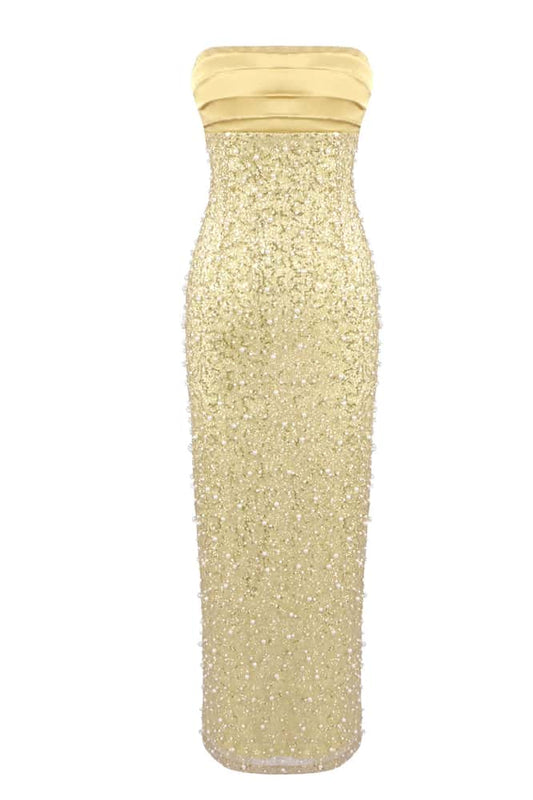 Gold Strapless Pearls Fitted Maxi Dress