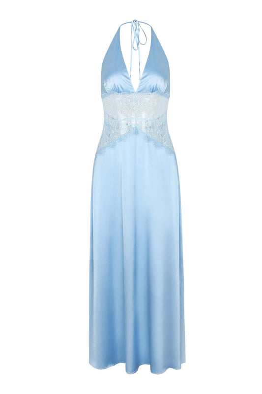Halter Blue Sheer Plunge Long Maxi Dress
