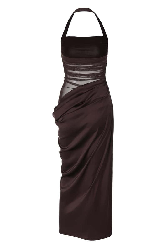 Halter Brown Ruched Cutout Long Dress