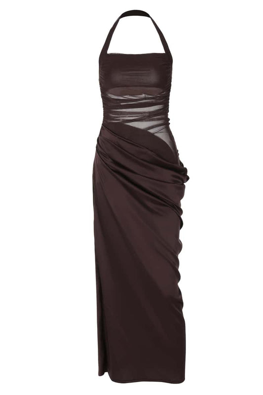 Halter Brown Ruched Cutout Long Dress