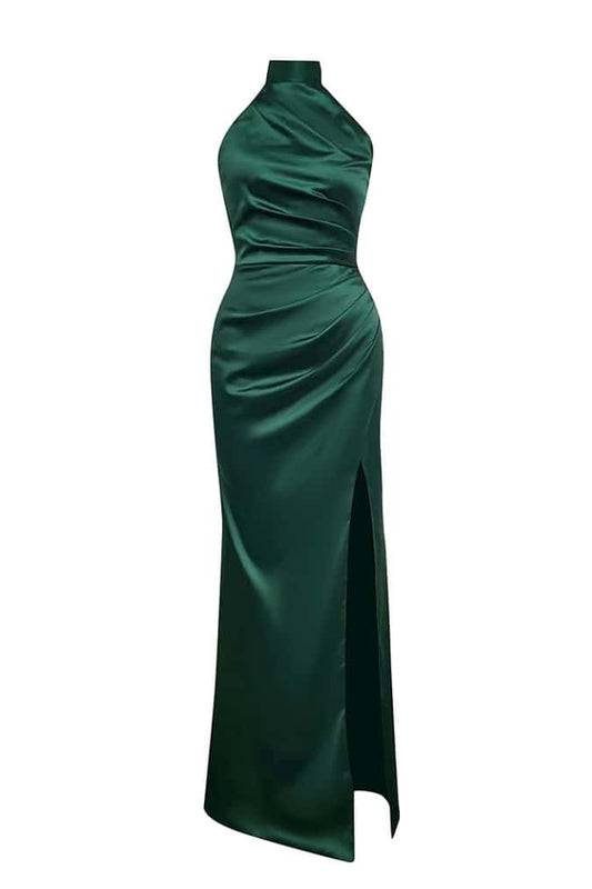 Halter Dark Green Satin Ruched Fitted Long Dress